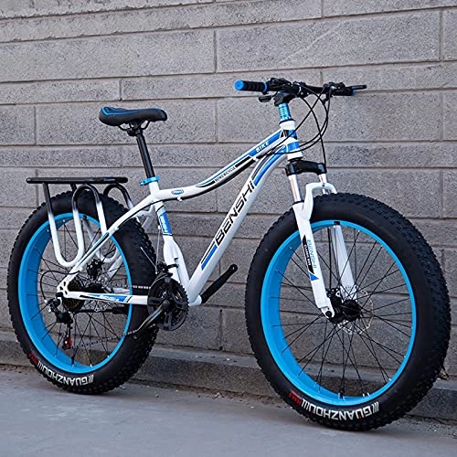 Fat Tyre Mountain Bike : LZHi1 Mountain Bike For Men 24 Inch Fat Tire Mountain Bike 27 Speed Mountain Trail Bike High Carbon Steel Beach Snow Road Bicycle With Suspension Fork And Dual Disc Brakes(Color:White blue)