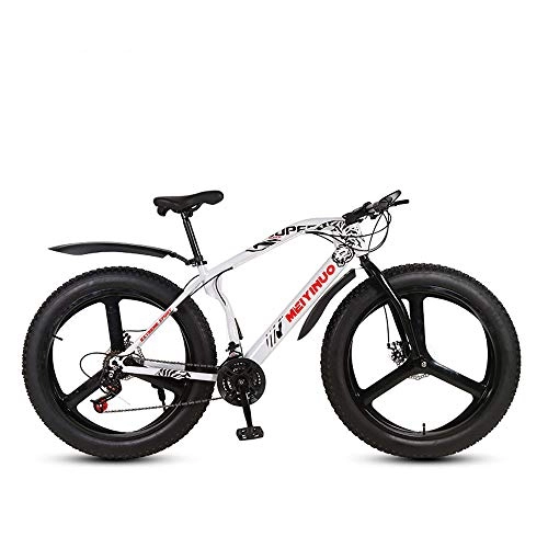 Fat Tyre Mountain Bike : MHUI Mountain Bikes, 26 Inch Fat Tire Hardtail Mountain Bike, Double Disc Brake Cruiser Bicycle, Lightweight High-Carbon Steel Frame, 3 Spoke, White, 26 inch 21 speed