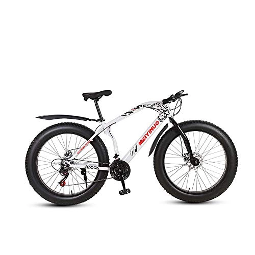 Fat Tyre Mountain Bike : MHUI Mountain Bikes, 26 Inch Fat Tire Hardtail Mountain Bike, Double Disc Brake Cruiser Bicycle, Lightweight High-Carbon Steel Frame, White, 26 inch 21 speed