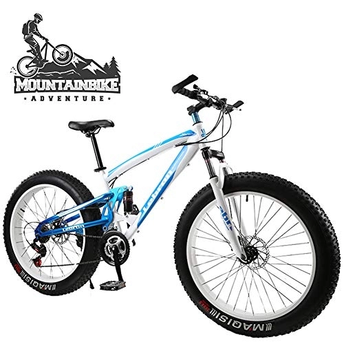 Fat Tyre Mountain Bike : NENGGE Dual-Suspension Mountain Bike with Mechanical Disc Brakes, Fat Tire Mountain Trail Bikes for Adults Men Women, High Carbon Steel Mountain Bicycle, Adjustable Seat, Blue, 26 Inch 27 S peed