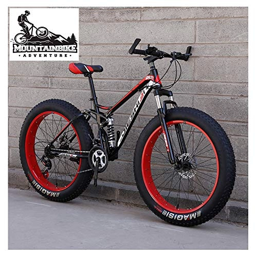 Fat Tyre Mountain Bike : NENGGE Full Suspension Mountain Bikes with Dual Disc Brake for Adults Men Women, High-Carbon Steel Fat Tire Mountain Trail Bike All Terrain Mountain Bicycle, Red, 24 Inch 7 Speed