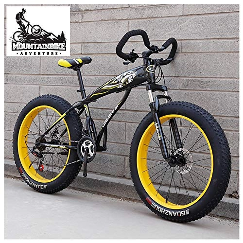 Fat Tyre Mountain Bike : NENGGE Hardtail Fat Tire Mountain Bike for Adults, Men Women Mountain Trail Bike with Dual Disc Brake, High-carbon Steel Front Suspension All Terrain Mountain Bicycle, Yellow, 26 Inch 7 Speed