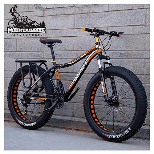 Fat Tyre Mountain Bike : NENGGE Hardtail Mountain Bike with Front Suspension Mechanical Disc Brake for Adults Men Women, High-carbon Steel All Terrain Fat Tire Mountain Bike, Anti-Slip Bicycle, Orange 2, 24 Inch 27 Speed