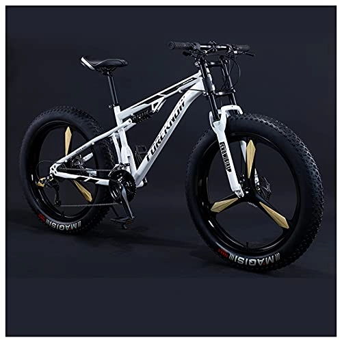 Fat Tyre Mountain Bike : NZKW 26 Inch Fat Tire Hardtail Mountain Bike for Men and Women, Dual-Suspension Adult Mountain Trail Bikes, All Terrain Bicycle with Adjustable Seat & Dual Disc Brake, 24 Speed, White 3 Spoke
