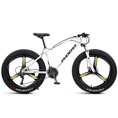 Fat Tyre Mountain Bike : NZKW 26 Inch Mountain Bike for Boys, Girls, Mens and Womens, Adult Fat Tire Mountain Bicycle, Carbon Steel Beach Snow Outdoor Bike, Hardtail, Disc Brakes, White 3 Spoke, 24 Speed