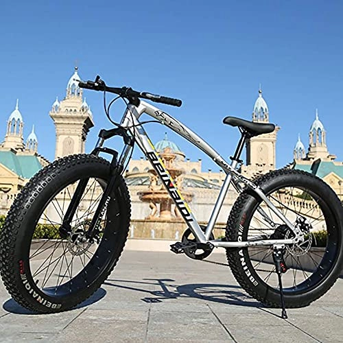 Fat Tyre Mountain Bike : NZKW Adult Mountain Bike, High Carbon Steel Folding Outroad Bicycles, Mountain Bicycle with Front Suspension Adjustable Seat, 24 / 26 Inch 4.0Wheels for Beach, Desert, Snow, Silver, 7speed 24 inches