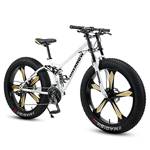 Fat Tyre Mountain Bike : NZKW Fat Tire Bike for Men Women, 26-Inch Wheels, 4-Inch Wide Knobby Tires 7 / 21 / 24 / 27 / 30 Speed Beach Snow Mountain Bicycle, Dual-Suspension & Dual Disc Brake, White 5 Spoke, 27 Speed
