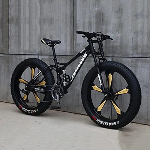 Fat Tyre Mountain Bike : PBTRM Adult Fat Tire Mountain Bike, 26-Inch Wheels, 4-Inch Wide Knobby Tires, 21 / 24 / 27-Speed, Steel Frame, Full Suspension Fork Dual Disc Brakes MTB, Multiple Colors, D, 24
