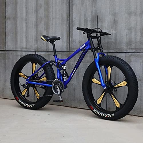 Fat Tyre Mountain Bike : PBTRM Adult Fat Tire Mountain Bike, 26-Inch Wheels, 4-Inch Wide Knobby Tires, 21 / 24 / 27-Speed, Steel Frame, Full Suspension Fork Dual Disc Brakes MTB, Multiple Colors, E, 24