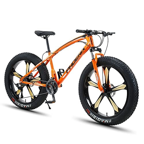 Fat Tyre Mountain Bike : PY Fat Tire Mountain Bike, 26-Inch Wheels, 4-Inch Wide Knobby Tires, 7 / 21 / 24 / 27 / 30-Speed, Mountain Trail Bike, Urban Commuter City Bicycle, Steel Frame / Orange / 26Inch 7Speed