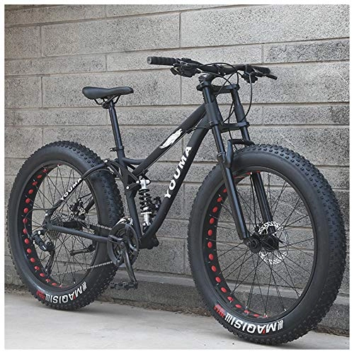 Fat Tyre Mountain Bike : QIMENG 26 Inch Mountain Bike Adult Mountain Bike Fat Tire 21-Speed High-Carbon Steel Frame Dual Suspension Frame Suitable for Height 160-185Cm, Black