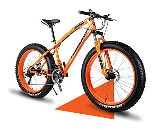 Fat Tyre Mountain Bike : Qj Mountain Bike, 26 Inch Fat Tire Road Bicycle Snow Bike Beach Bike High-Carbon Steel Frame, 7 / 21 / 24 / 27 Speed with Disc Brakes And Suspension Fork, Orange, 27Speed