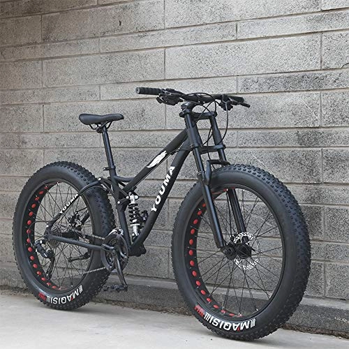 Fat Tyre Mountain Bike : RNNTK Mountain Bike, Adult Boy Girl Fat Bike Mountain Off-road Vehicles, Double Disc Brake Bicycle, High Carbon Steel Frame, Anti-slip Bike Black -21 Speed -26 Inches