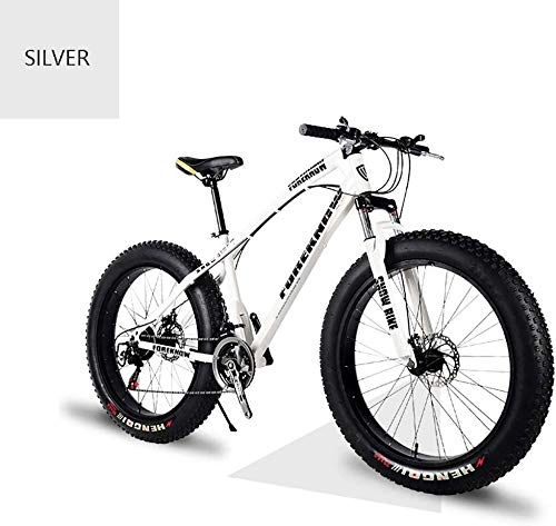 Fat Tyre Mountain Bike : Senior Rider- High Grade Style 'Snow Bike Cycle Fat Tyre, 26 / 24 Inch Double Disc Brake Mountain Snow Beach Fat Tire Variable Speed Bicycle, Silver, 26", Free Wall-mounted Hook 2 PCS