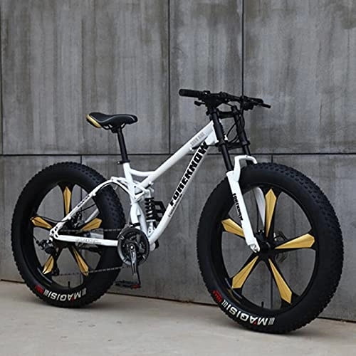 Fat Tyre Mountain Bike : SHUI Mountain Bikes, 26 Inch Fat Tire Hardtail Mountain Bike, Dual Suspension Frame and Suspension Fork All Terrain Mountain Bike 5 white wheels- 27SPD