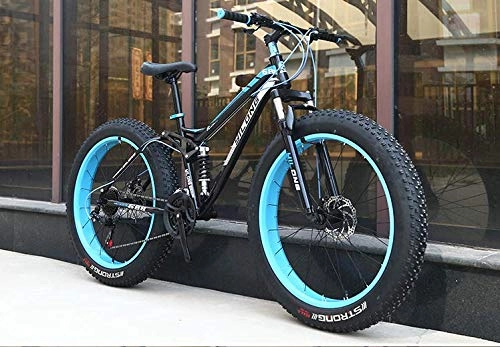 Fat Tyre Mountain Bike : W&HH SHOP Dual-Suspension Mountain Bikes with Dual Disc Brake, All Terrain Anti-Slip Fat Tire Mountain Bicycle MTB, High-carbon Steel Mountain Trail Bike, Blue, 24 Inch 24 Speed