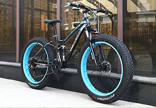 Fat Tyre Mountain Bike : W&HH SHOP Dual-Suspension Mountain Bikes with Dual Disc Brake, All Terrain Anti-Slip Fat Tire Mountain Bicycle MTB, High-carbon Steel Mountain Trail Bike, Blue, 24 Inch 27 Speed