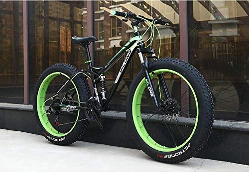 Fat Tyre Mountain Bike : W&HH SHOP Dual-Suspension Mountain Bikes with Dual Disc Brake, All Terrain Anti-Slip Fat Tire Mountain Bicycle MTB, High-carbon Steel Mountain Trail Bike, Green, 24 Inch 21 Speed