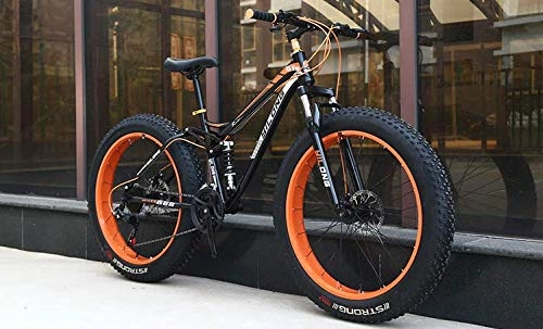 Fat Tyre Mountain Bike : W&HH SHOP Dual-Suspension Mountain Bikes with Dual Disc Brake, All Terrain Anti-Slip Fat Tire Mountain Bicycle MTB, High-carbon Steel Mountain Trail Bike, Orange, 24 Inch 21 Speed