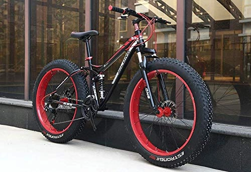 Fat Tyre Mountain Bike : W&HH SHOP Dual-Suspension Mountain Bikes with Dual Disc Brake, All Terrain Anti-Slip Fat Tire Mountain Bicycle MTB, High-carbon Steel Mountain Trail Bike, Red, 24 Inch 21 Speed