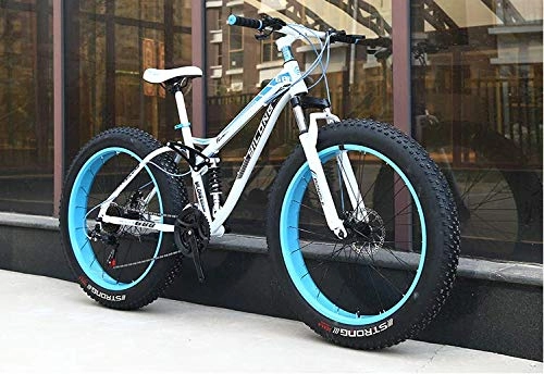 Fat Tyre Mountain Bike : W&HH SHOP Dual-Suspension Mountain Bikes with Dual Disc Brake, All Terrain Anti-Slip Fat Tire Mountain Bicycle MTB, High-carbon Steel Mountain Trail Bike, White, 24 Inch 21 Speed