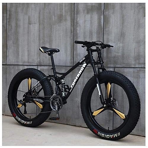 Fat Tyre Mountain Bike : WJSW Mountain Bikes, 26 Inch Fat Tire Hardtail Mountain Bike, Dual Suspension Frame and Suspension Fork All Terrain Mountain Bike, 21 Speed, Black 3 Spoke