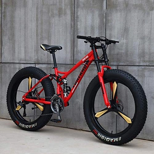 Fat Tyre Mountain Bike : WJSW Mountain Bikes, 26 Inch Fat Tire Hardtail Mountain Bike, Dual Suspension Frame and Suspension Fork All Terrain Mountain Bike, 24 Speed, Red 3 Spoke