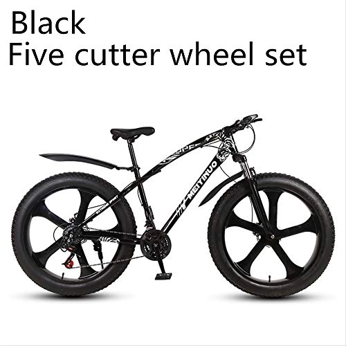 Fat Tyre Mountain Bike : xmb Black five-cutter wheel set Adult off-road bicycles, men and women mountain bikes with full suspension, fat tires high carbon steel suspension youth men and women mountain bikes (24-speed)