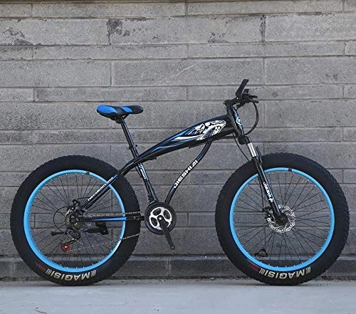 Fat Tyre Mountain Bike : XMB Blue Adult 26 inch off-road bicycles, Dual disc brake men and women mountain bikes with full suspension, fat tires high carbon steel suspension youth men and women mountain bikes (21-speed)