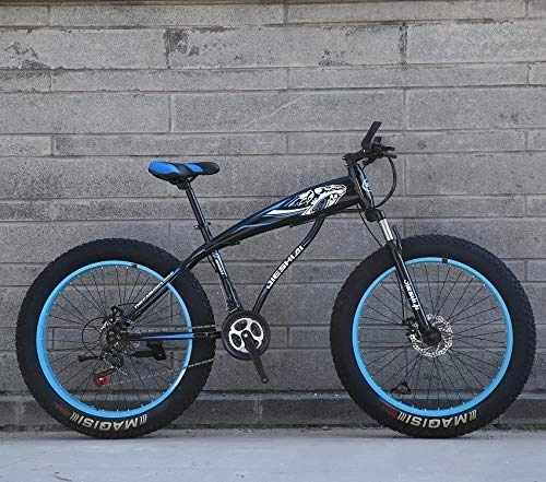 Fat Tyre Mountain Bike : XMB Blue Adult 26 inch off-road bicycles, Dual disc brake men and women mountain bikes with full suspension, fat tires high carbon steel suspension youth men and women mountain bikes (24-speed)