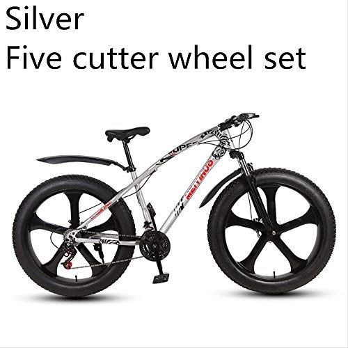 Fat Tyre Mountain Bike : xmb Silver five-cutter wheel set Adult off-road bicycles, men and women mountain bikes with full suspension, fat tires high carbon steel suspension youth men and women mountain bikes (21-speed)