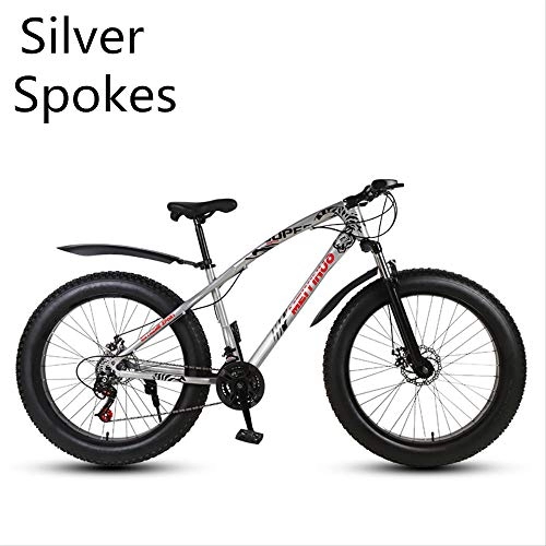 Fat Tyre Mountain Bike : xmb Silver spokes Adult off-road bicycles, men and women mountain bikes with full suspension, fat tires high carbon steel suspension youth men and women mountain bikes (24-speed)