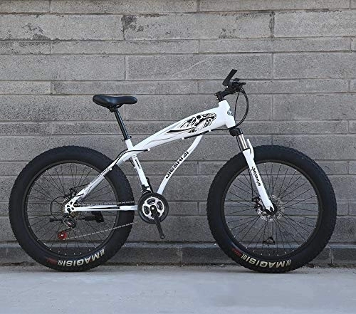 Fat Tyre Mountain Bike : XMB White 26 inch off-road bicycles, Adult Dual disc brake men and women mountain bikes with full suspension, fat tires high carbon steel suspension youth men and women mountain bikes (27-speed)