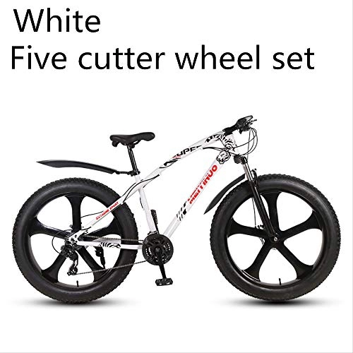Fat Tyre Mountain Bike : xmb White five-cutter wheel set Adult off-road bicycles, men and women mountain bikes with full suspension, fat tires high carbon steel suspension youth men and women mountain bikes (27-speed)