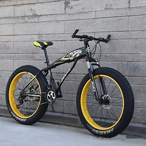 Fat Tyre Mountain Bike : XMB Yellow Adult 26 inch off-road bicycles, Dual disc brake men and women mountain bikes with full suspension, fat tires high carbon steel suspension youth men and women mountain bikes (24-speed)