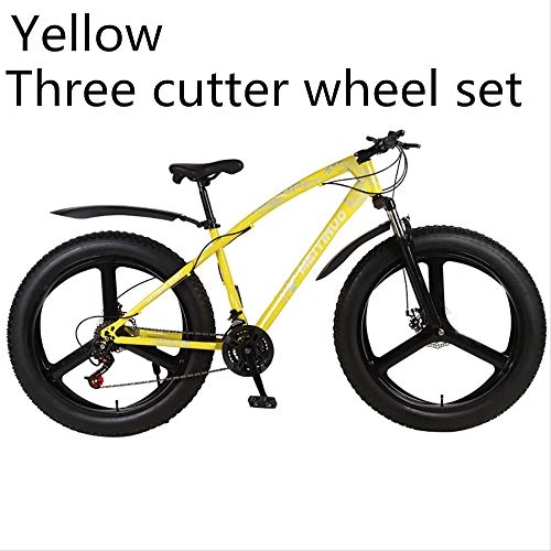Fat Tyre Mountain Bike : xmb Yellow three cutter wheel set Adult off-road bicycles, men and women mountain bikes with full suspension, fat tires high carbon steel suspension youth men and women mountain bikes (24-speed)