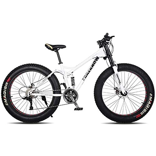 Fat Tyre Mountain Bike : XRQ Fat Tire Mens Mountain Bike, Carbon 24" 26" Mountain Bike Full Suspension Trail Bike 24-Speed Dual Disc Brakes MTB Bike High-Tensile Steel Frame, White, 26IN