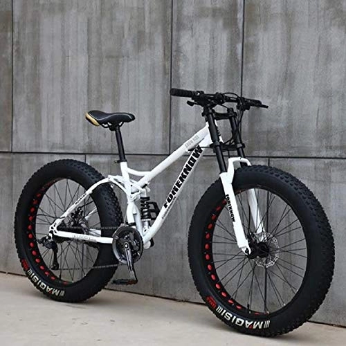 Fat Tyre Mountain Bike : YWHCLH Adult Mountain Bikes, 24 / 26 Inch Fat Tire Hardtail Mountain Bike, Dual Suspension Frame and Suspension Fork All Terrain Mountain Bike (24inch 7-speeded, White)