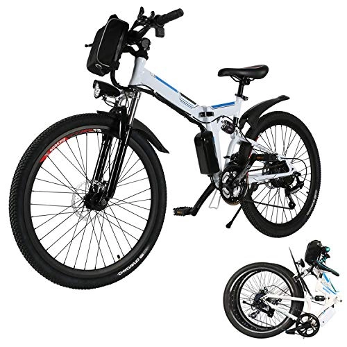 Folding Electric Mountain Bike : 26'' Folding Electric Mountain Bike 250W Electric Bicycle with Removable Large Capacity Lithium-Ion Battery, Professional 21 Speed Gears (White)