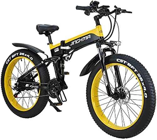 Folding Electric Mountain Bike : 26 Inch Electric Bicycle Foldable 500W48V10Ah Lithium Battery Mountain Bike 21-Speed Off-Road Power Bike 4.0 Big Tires Adult Commuter (Color : Yellow)
