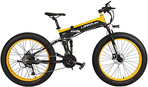 Folding Electric Mountain Bike : 27 Speed 1000W Folding Electric Bicycle 26 * 4.0 Fat Bike 5 PAS Hydraulic Disc Brake 48V 10Ah Removable Lithium Battery Charging (Black Yellow Standard, 1000W) plm46