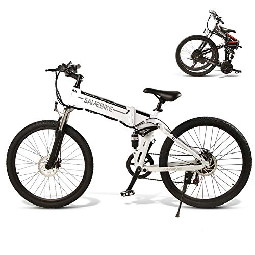 Folding Electric Mountain Bike : 28" Electric Trekking / Touring Bike for Adults, 21 Speed Gears Electric Bicycle with 10.4Ah / 48V Removable Lithium-Ion Battery, Front Suspension, Dual Disc Brakes, Mountain Bike / Commute Ebike, White