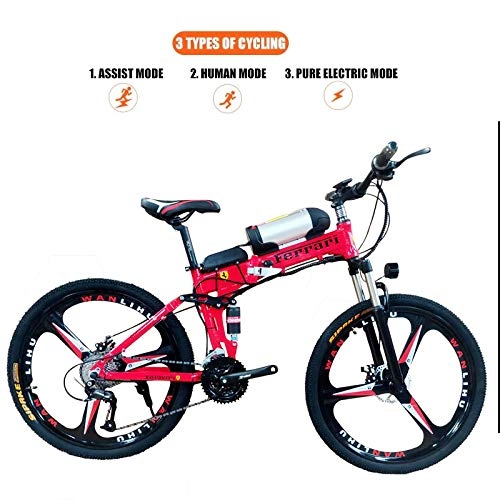 Folding Electric Mountain Bike : Acptxvh Electric Bicycles for Adults, 360W Aluminum Alloy Ebike Bicycle Removable 48V / 10Ah Lithium-Ion Battery Mountain Bike / Commute Ebike, Red