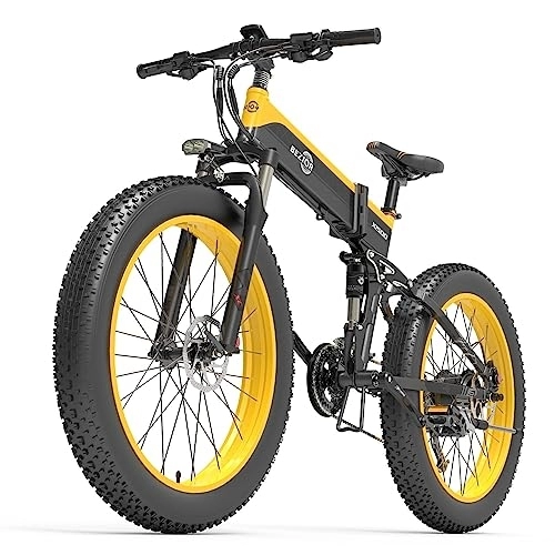 Folding Electric Mountain Bike : Bezior Electric Bike X1500 for Adults, Foldable 26" x 4.0 Fat Tire Electric Bicycle, 48V 12.8Ah Removable Lithium Battery, Shimano 27-Speed Gear and Dual Shock Absorber Ebikes Black&Yellow