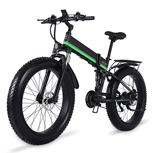 Folding Electric Mountain Bike : BZGKNUL 1000W Folding Electric Bike for Adults 26" Fat Tire Mountain Beach Snow Bicycles 21 Speed Gear E-Bike with Detachable Lithium Battery 48V 12.8AH Up to 24.8MPH (Color : Green, Size : 1000W)