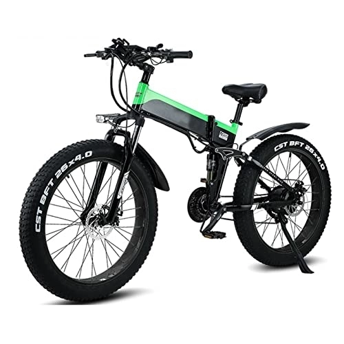 Folding Electric Mountain Bike : BZGKNUL 20” Fat Tire Folding Ebike 1000W, with 48V12.8AH Lithium Battery Electric Bike 21 Speed Gear Mountain Foldable Electric Bicycle for Adults (Color : Green)