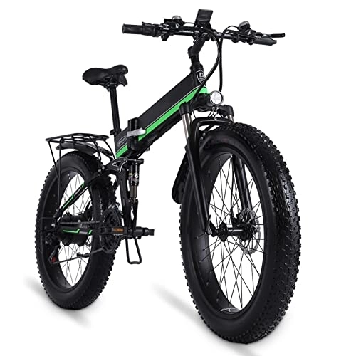 Folding Electric Mountain Bike : BZGKNUL Electric Bikes for Adults 1000w 30 Mph Foldable Electric Bike 26 Inch Fat Tire 48v Lithium Battery Mens Mountain Bike Snow Bike (Color : Green)