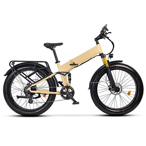 Folding Electric Mountain Bike : bzguld Electric bike 750w Electric Bike Folding for Adults Ebike 26 * 4.0 Inch Fat Tire 8 Speed Transmission 48v 14ah Lithium Battery Full Suspension Electric Bicycle (Color : Desert Tan)