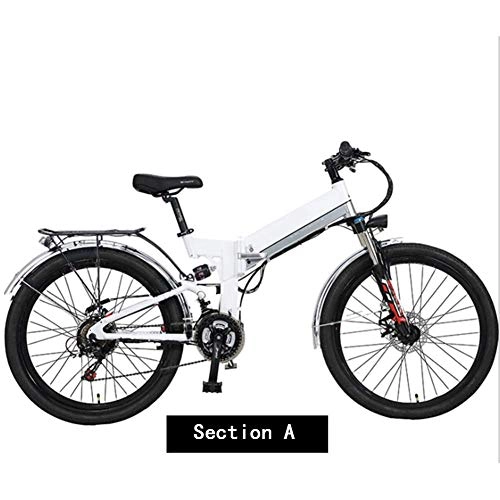 Folding Electric Mountain Bike : CXY-JOEL Folding Mountain Electric Bicycle, 300W Motor 26'' Adult Ebike Removable 48V10Ah Lithium-Ion Battery 21 Speed Dual Disc Brakes with Rear Seat, White, A, White
