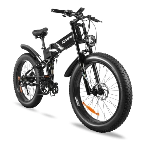 Folding Electric Mountain Bike : Cyrusher 26Inch Aluminum Electric Mountain Bike, BANDIT Folding Ebkie 250W 48V17Ah, Full Suspension, 180mm Disc Brakes, 4inch Fat Tires, Suitable for Men and Women (Black)